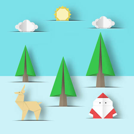 Cut Santa Claus, deer, tree in paper pockets origami Christmas nature scene. Childish abstract Xmas applique concept with cutout fragments for papercut templates. Vector Illustrations Art Design.のイラスト素材