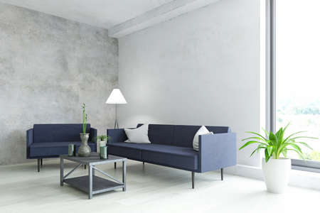 Elegant Interior Room with Contemporary Furniture, Blue Sofa, Armchair, Lamp, Plant and Table with Modern Accessories near the Old White Wall, Fashion Style, 3D Rendering Illustration Designの写真素材
