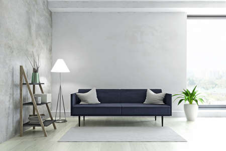 Interior Room with Simple Elegant Contemporary Furniture, Blue Sofa, Lamp, Plant and Shelf with Modern Accessories near the Old Wall, Fashion Style, 3D Rendering Illustration Graphic Designの写真素材