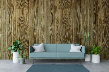 Sofa with pillows and plants near the wooden wall, simple apartment, minimalistic modern inside...