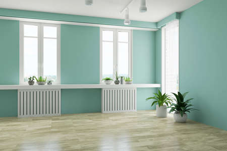 Contemporary blank loving room interior with green wall, plants and wooden floor, empty living-room, modern apartment graphic design, 3D Rendering Illustrationの写真素材