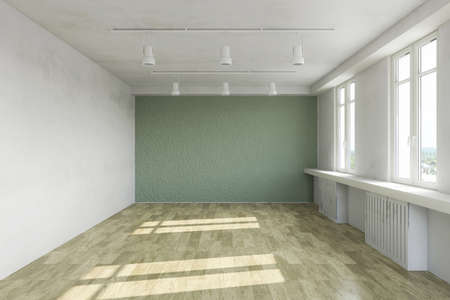 Empty 3d interior, contemporary living room with green wall and wooden floor, modern design, Rendering Illustrationの写真素材