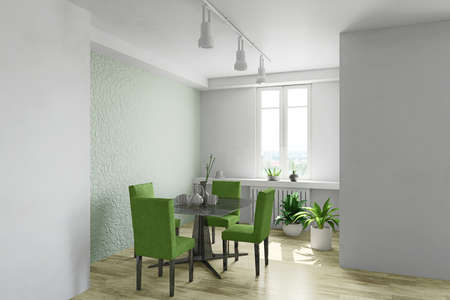 Contemporary simple dining room interior with table, chairs and plants, modern design, 3d rendering illustrationの写真素材