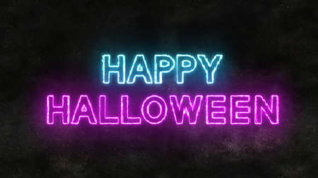 Happy Halloween bright neon text with glow effect on the background of an old wall, creativity graphics and modern designの写真素材