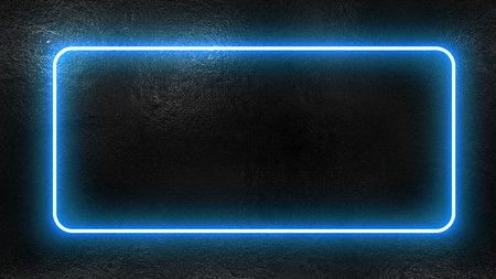 Blue bright flashing neon frame on the old concrete wallの写真素材