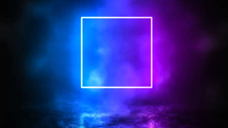 Neon square portal hanging in the air above the concrete floor with smoke, cosmic creative style, cyberpunk modern design, electric background, 3d renderingの写真素材