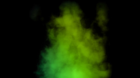 A bright green stream of neon smoke is directed upwards on a black background. Dark magic pattern with abstract neon fog without people.の写真素材