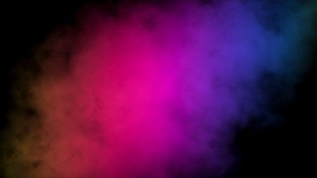 Abstract glowing background with colorful smoke illuminated by multicolored neon light, mystic steam, design template, smoky pattern.の写真素材