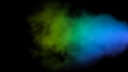 Bright multicolored stream of smoke directed to the side on a black background, retro design, colorful vapor, spray effectの写真素材
