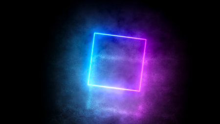 Abstract bright square neon portal flying in smoke past an old concrete wall. Dark scene with futuristic atmosphere.の写真素材