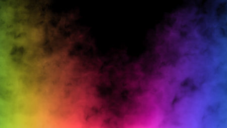 Abstract background with bright smoke illuminated by multicolored neon light. Unusual colorful fume. Magic steam on a black background. Smoke fantasy pattern.の写真素材