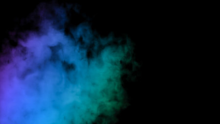 Abstract modern background with blue smoke illuminated by multicolored neon light, mystic steam template, design smoky pattern.の写真素材