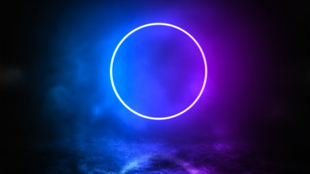 Vibrant neon circle portal hanging in the air above the concrete floor with smoke, bright multicolored mystical background, cosmic style, cyberpunk design, 3d renderingの写真素材
