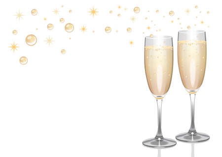 Pair of champagne flutes with bubbles and sparkles.のイラスト素材