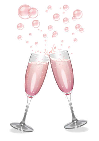 Pink Champagne flutes clinking with an explosion of bubbles.のイラスト素材