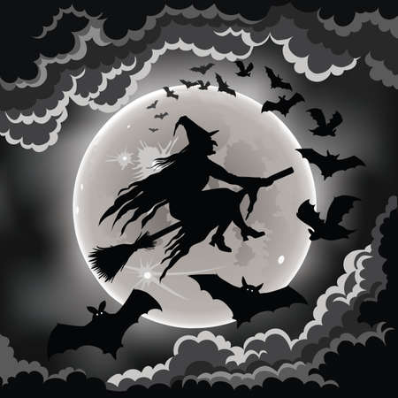 Witch and bats silhouettes and the moon.のイラスト素材