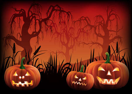 Carved pumpkins at the footer of a creepy Halloween background.のイラスト素材