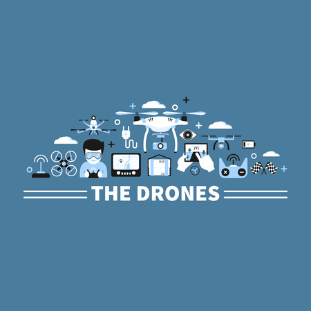 graphic concept with air drones, remote controles and other items. Modern design, flat elements. Illustration for advertising, banners; web design, broshures etc.のイラスト素材