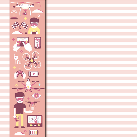 Cute background template with striped background and decorative flat icons of quadcopters, air drones, gadgets etc. Could be used for invitation or greeting card, covers, advertising. Lovely pink colors.のイラスト素材