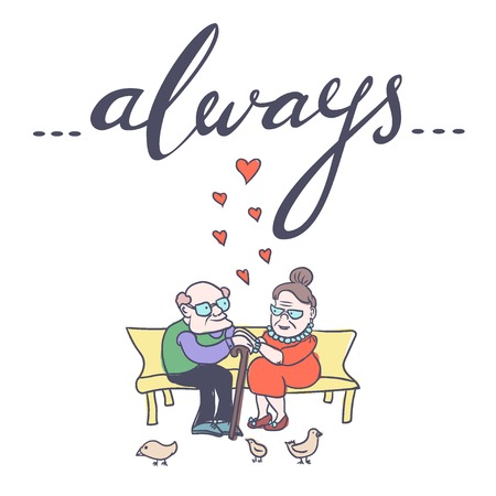 Cute Valentines Day card with lovely and happy senior couple and hand-lettered word "always". Vector illustration. Cartoon style. Elder caucasian man and woman spending time together.のイラスト素材