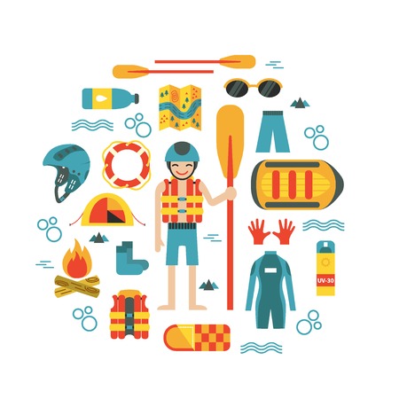 Vector illustration with rafting and camping equipment - vest, round-bouy, rafts, camping fire, helmet, tent, stopwatch etc. Flat design. Could be used for websites, advertising, banners and flyersのイラスト素材