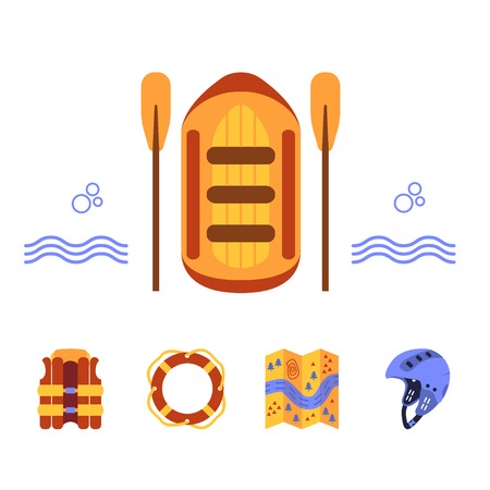 Rafting equipment elements. Vector icon set. Vest, round-bouy, raft, map, helmet, oars. Fully editable. Flat design. On isolated background. Could be used both for web and paper.のイラスト素材