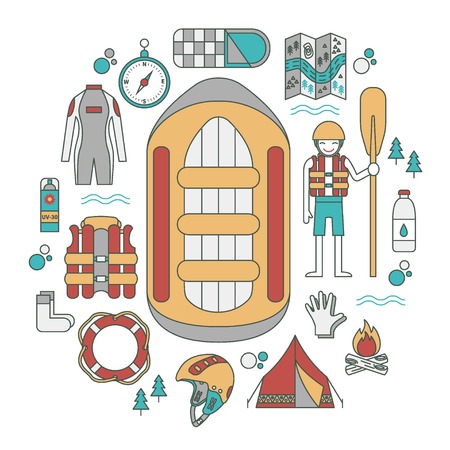 Vector illustration with rafting and camping equipment - vest, round-bouy, rafts, camping fire, helmet, tent, stopwatch etc. Flat design. Could be used for websites, advertising, banners and flyersのイラスト素材
