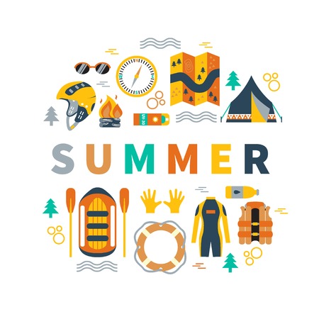 Summer round vector illustration with rafting and camping equipment - vest, round-bouy, rafts, camping fire, helmet, tent, stopwatch etc. Flat design. Could be used for websites, advertising, banners and flyersのイラスト素材