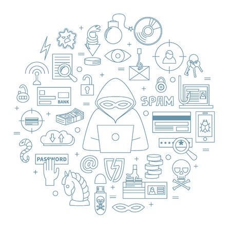 Hacking and cyber crime - linear round vector template with icons of gadgets, hacker's activities, cracking and fraud, spam, viruses  etc. Illustration for hacker attack or computer security.のイラスト素材