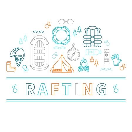 Vector illustration with rafting and camping equipment - vest, round-bouy, rafts, camping fire, helmet, tent, stopwatch etc.. Linear design. Could be used for websites, advertising, banners and flyersのイラスト素材