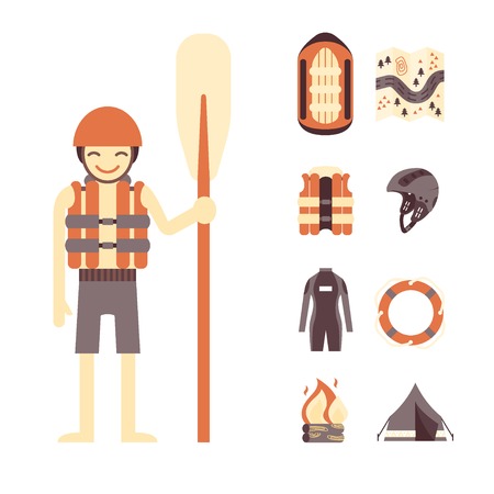 Vector set of rafting and camping icons - rafter with oar, raft, vest, round-bouy, map, camping fire, helmet, tent. Fully editable. On isolated background. Could be used as infographic elements or for web design, banners, flyers etc.のイラスト素材