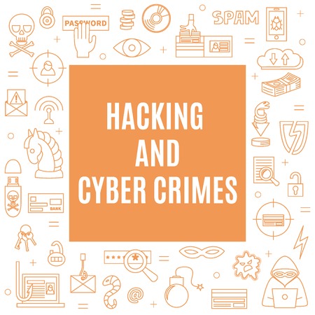 Hacking and cyber crime - square vector template with icons of gadgets and hacker's activities. Linear style. For web and paper ads. Hacker attack and computer protection illustration.のイラスト素材