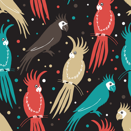 Vector seamless pattern with parrots. Retro colors. Colorful silhouettes based on hand drawn sketch. Great choice for textile, backgrounds, wallpaper, wrapping paper etc.のイラスト素材