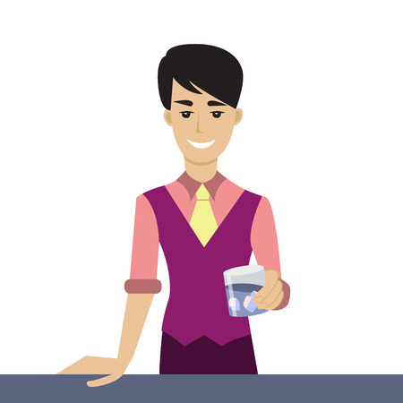 Vector illustration of hipster bartender holding the glass with alcoholic drink. Cartoon character. Barman mixes a cocktail in the bar with alcoholic beverages.のイラスト素材