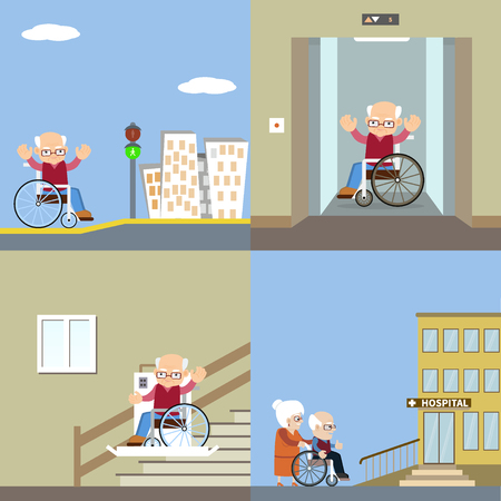 Set of vector illustration for barrier free environment for physically challenged people - a senior man in a wheelchair with ramps, using the elevator and automatic lifting device. Flat design.のイラスト素材