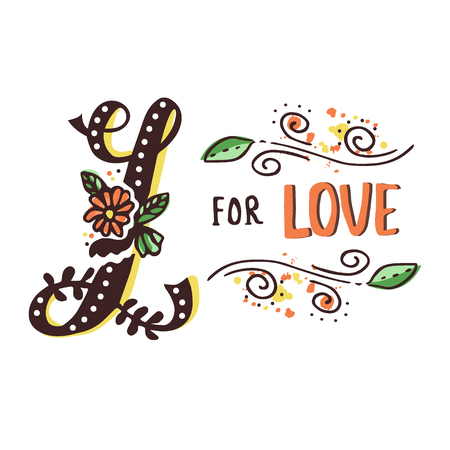 L for love. Hand drawn flourished capital letter L and decoration elements. Vector art. Great choice for Valentine's Day romantic greeting card or wedding design collectionのイラスト素材
