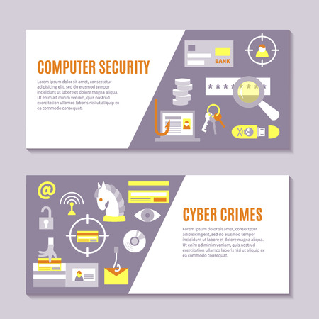 Hacking and cyber crime - horizontal vector banner templates with icons of gadgets and hacker's activities, title and place for your text. Flat style. For web and paper ads. Hacker attack illustrationのイラスト素材