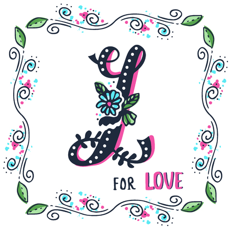 L for love. Hand drawn flourished capital letter L and decoration elements. Vector art. Great choice for Valentine's Day romantic greeting card or wedding design collectionのイラスト素材