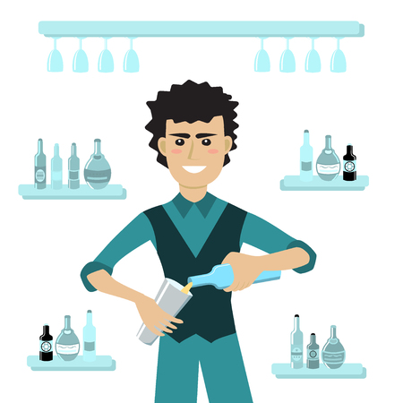 Vector illustration of hipster bartender pouring alcohol drink in the glass. Cartoon character. Barman mixes a cocktail in the bar with alcoholic beverages.のイラスト素材