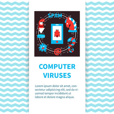 Computer security - vector template with illustration of computer viruses, title and place for your text. Flat style. For web and paper advertising. PC safety illustration.のイラスト素材