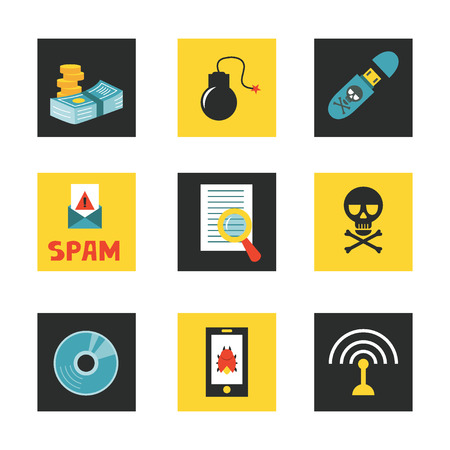 Hacking and cyber crime - set of 9 vector icons of gadgets and hacker's activities. Flat style. For web and paper ads. Infographic elements. Hacker attack illustration.のイラスト素材