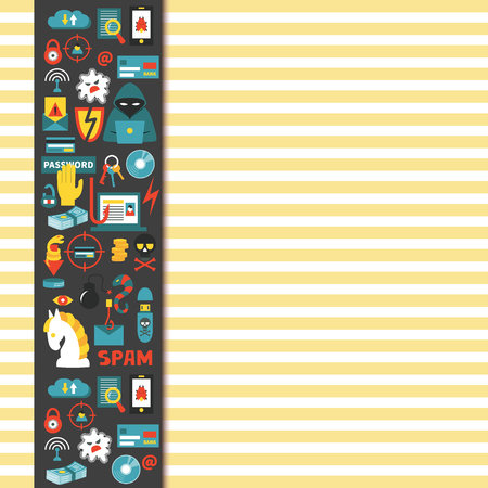 Hacking and cyber crime - vertical vector banner template with icons of gadgets and hacker's activities on isolated striped background. Flat style. For web and paper ads. Hacker attack illustration.のイラスト素材