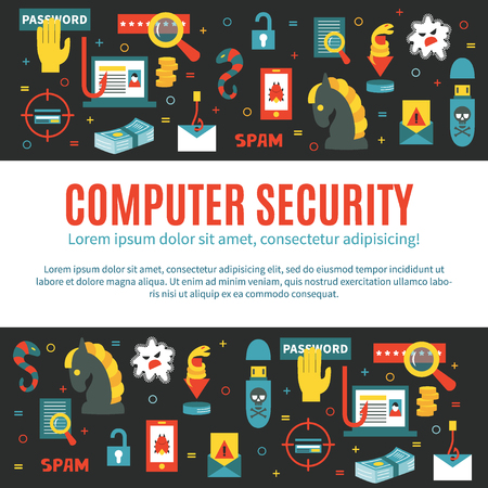 Hacking and cyber security - vector template with icons of gadgets and hacker's activities and place for your text. Flat style. For web and paper ads. Hacker attack illustration.のイラスト素材