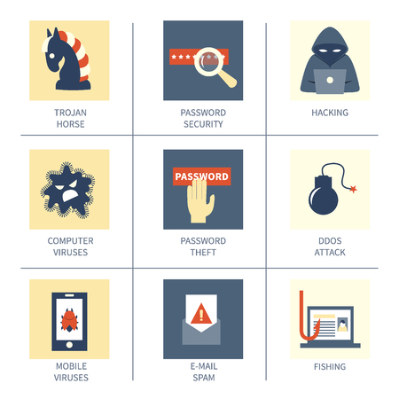 Hacking and cyber crime - set of 9 vector icons of gadgets and hacker's activities. Flat style. For web and paper ads. Infographic elements. Hacker attack illustration.のイラスト素材