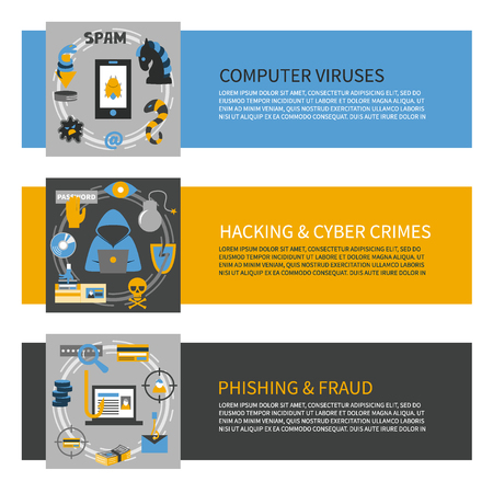 Hacking and cyber crime - horizontal vector banner templates with icons of gadgets and hacker's activities and place for your text. Flat style. For web and paper ads. Hacker attack illustrationのイラスト素材