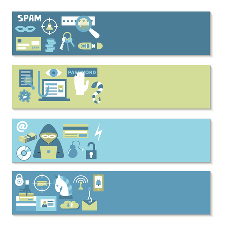 Hacking and cyber crime - horizontal vector banner templates with icons of gadgets and hacker's activities and place for your text. Flat style. For web and paper ads. Hacker attack illustrationのイラスト素材