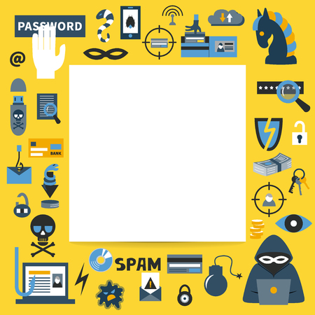 Hacking and cyber crimes - vector template with icons of gadgets and hacker's activities and place for your text. Flat style. For web and paper ads. Hacker attack illustration.のイラスト素材