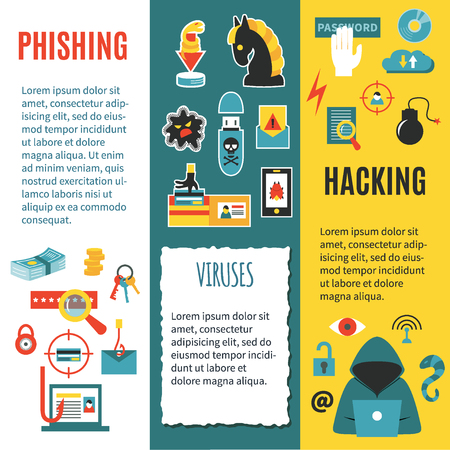 Hacking, phishing and cyber crime - vertical vector banner template with icons of gadgets and hacker's activities, title and place for your text. Flat style. For web and paper ads.のイラスト素材