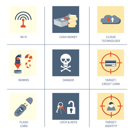 Hacking and cyber crime - set of 9 vector icons of gadgets and hacker's activities. Flat style. For web and paper ads. Infographic elements. Hacker attack illustration.のイラスト素材