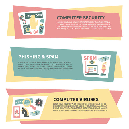 Hacking and cyber crime - horizontal vector banner templates with icons of gadgets and hacker's activities and place for your text. Flat style. For web and paper ads. Hacker attack illustrationのイラスト素材